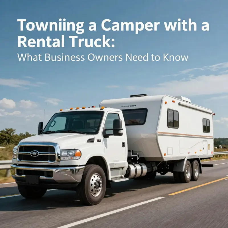 A rental truck ready for towing with a camper, highlighting its capabilities.