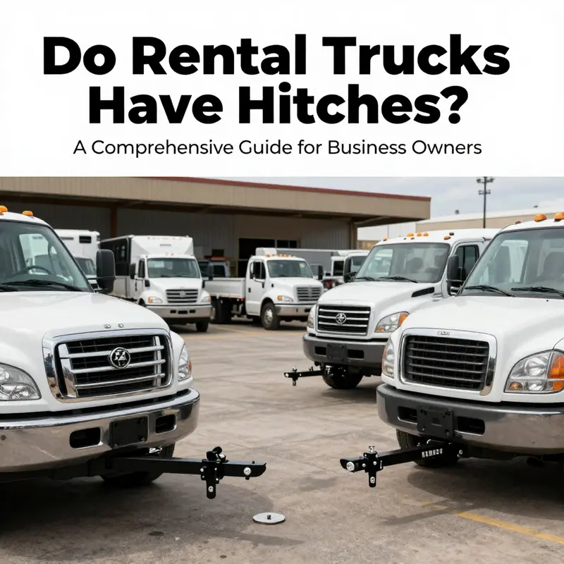 A diversified overview of rental trucks highlighting their hitch options in an active rental facility.