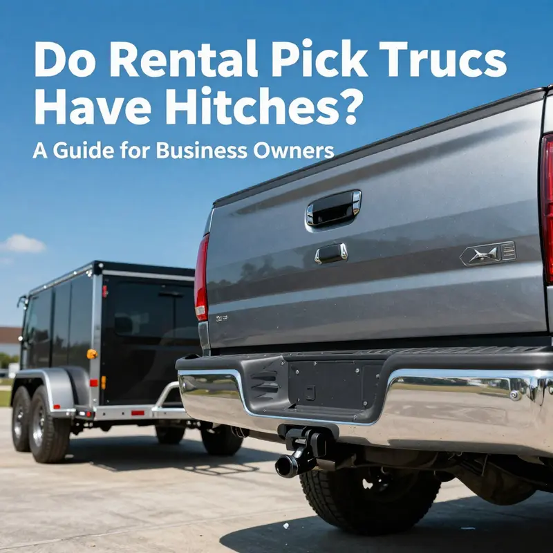 Rental pickup trucks equipped with hitches for towing various loads.