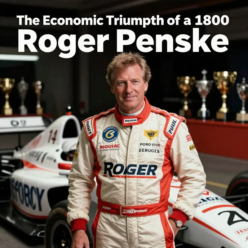 Roger Penske displaying his achievements alongside a race car, symbolizing his financial success.