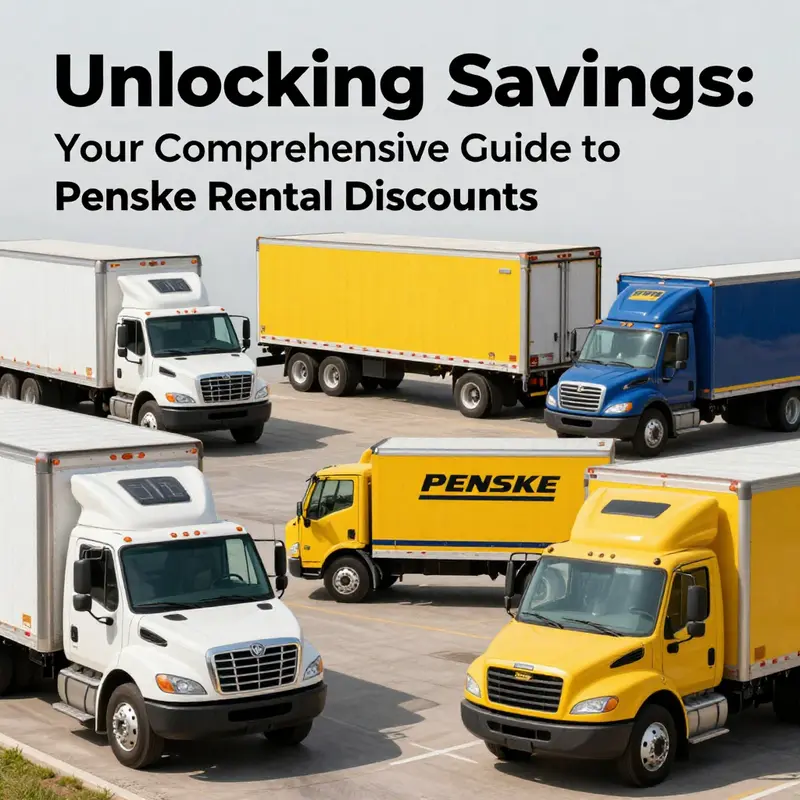 Penske trucks parked in various colors showcasing the savings available with Penske rental discounts.