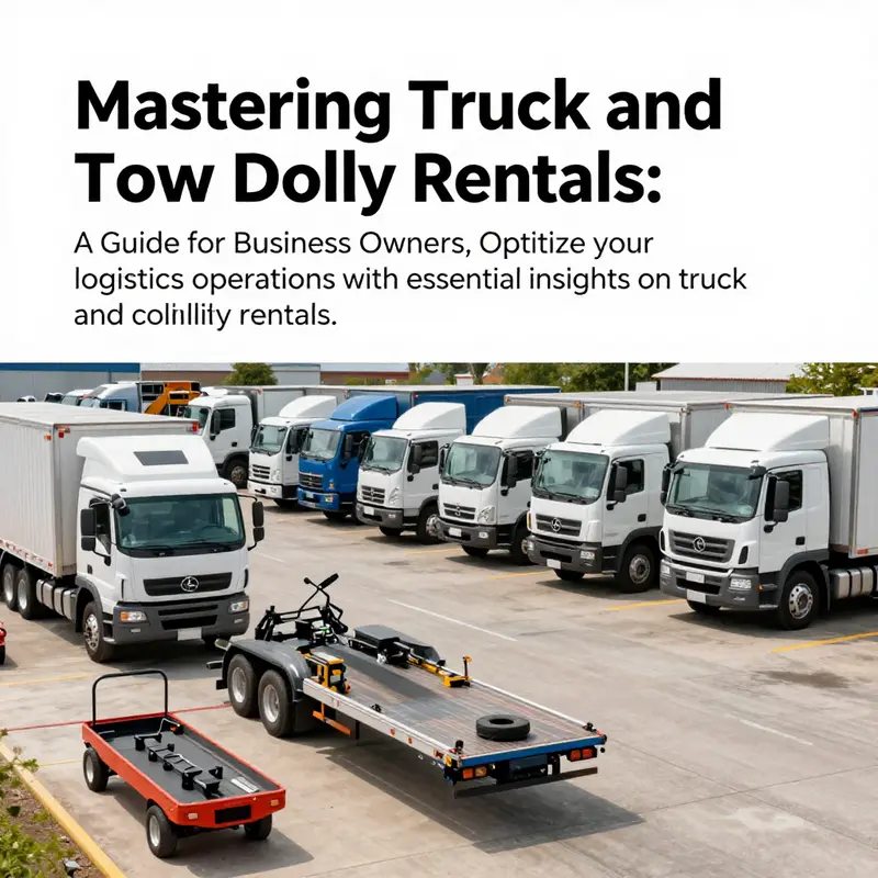 A truck rental facility displaying different models of trucks and tow dollies available for lease.