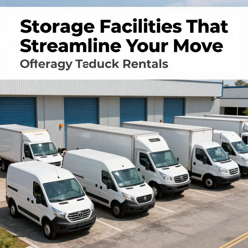 A diverse array of moving trucks available for rental at a storage facility, representing options for various moving needs.