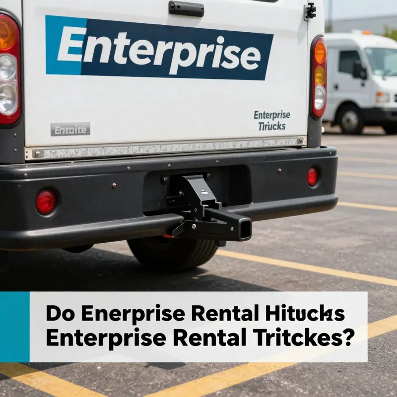 Enterprise rental trucks in a lot, showcasing one with a tow hitch ready for use.