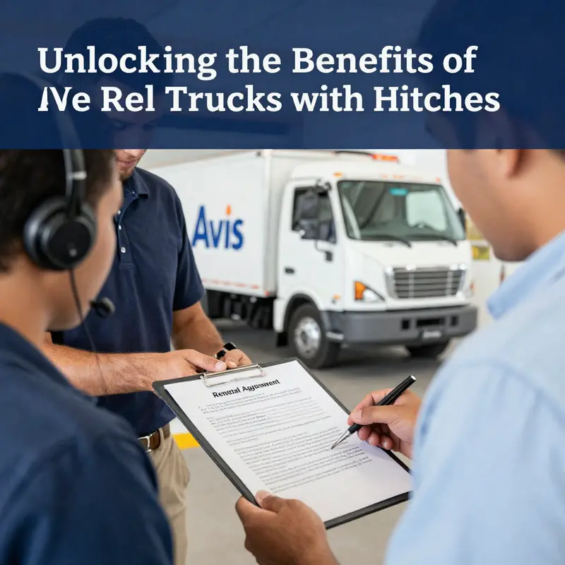 A diverse fleet of Avis rental trucks featuring models that may include hitches.