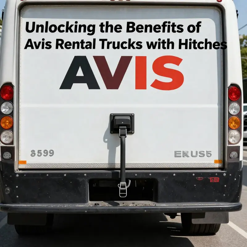 A diverse fleet of Avis rental trucks featuring models that may include hitches.