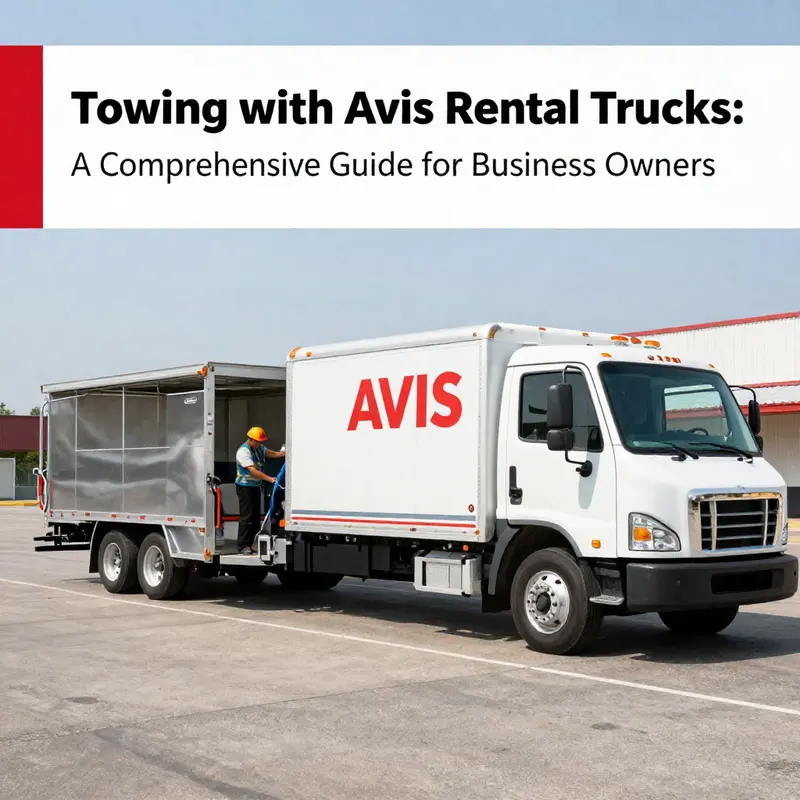An Avis rental truck readied for towing with a utility trailer, exemplifying the vehicle’s capabilities for business owners.