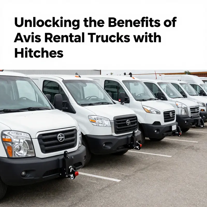 A diverse fleet of Avis rental trucks featuring models that may include hitches.