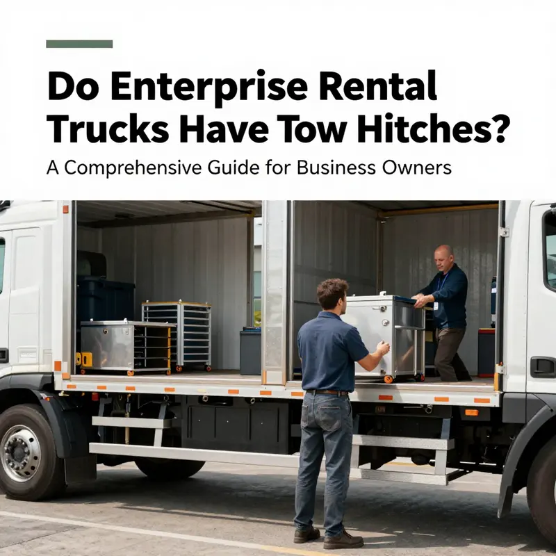 Enterprise rental trucks in a lot, showcasing one with a tow hitch ready for use.
