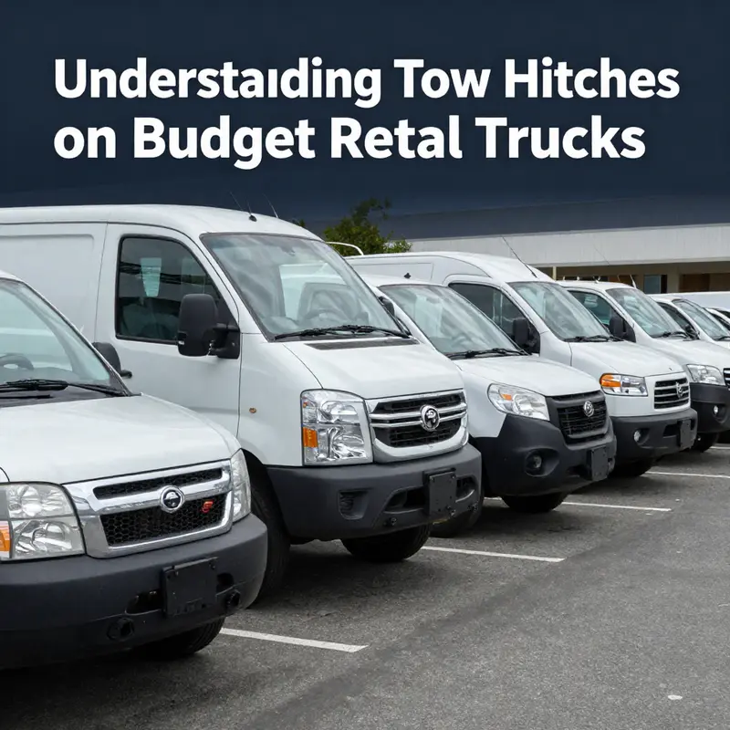 A selection of budget rental trucks equipped with tow hitches, illustrating their availability.
