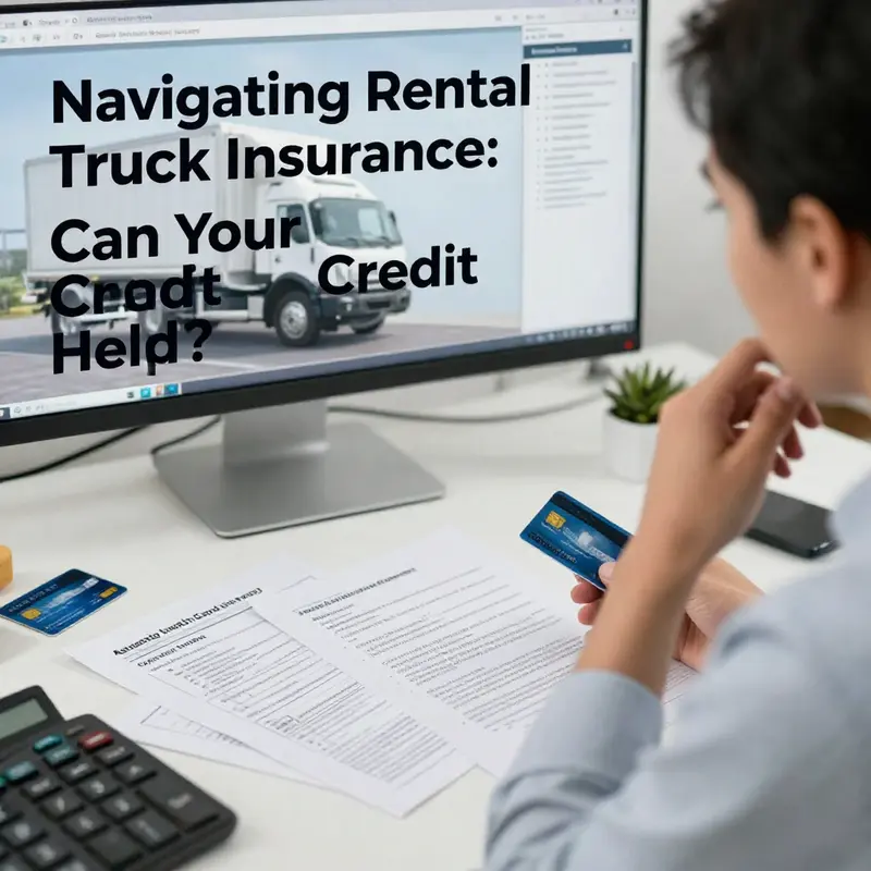 A business owner reviewing rental truck paperwork and credit cards, emphasizing the importance of understanding rental truck insurance.