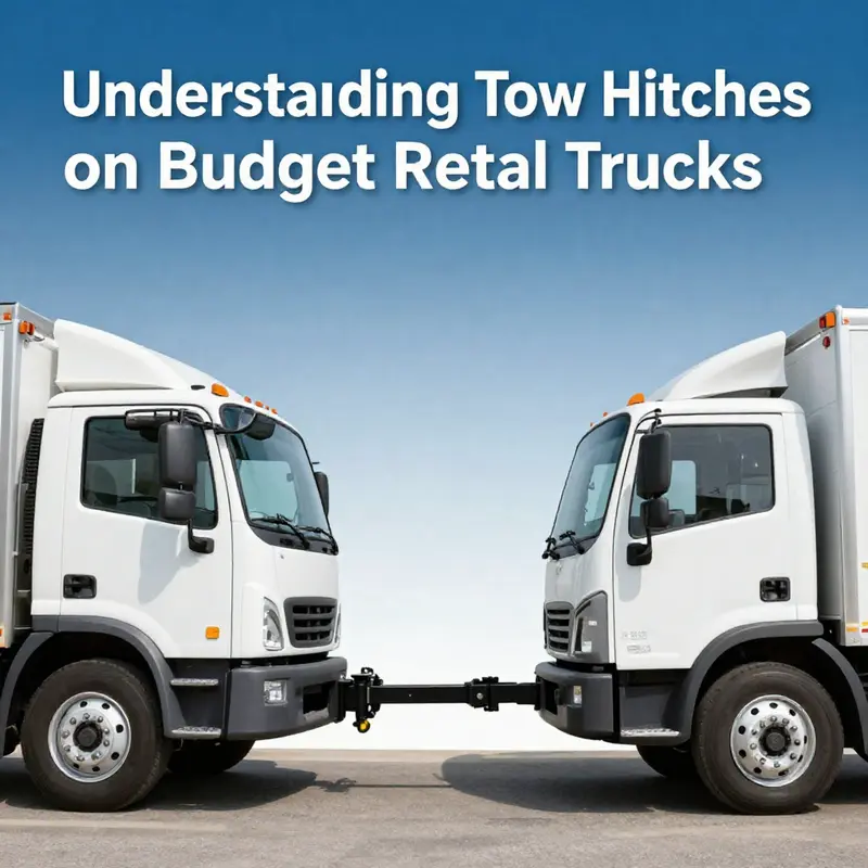 A selection of budget rental trucks equipped with tow hitches, illustrating their availability.