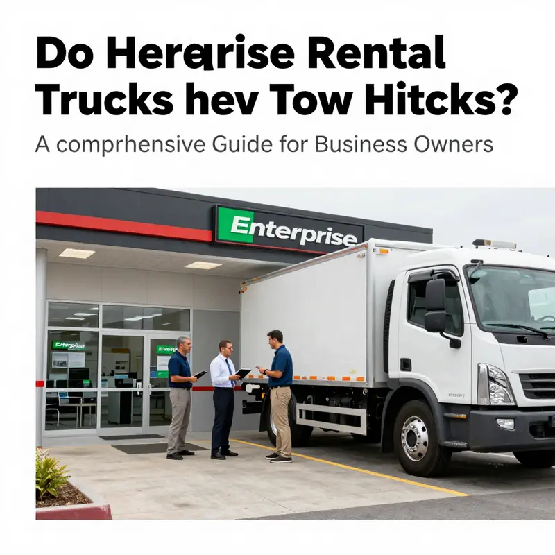 Enterprise rental trucks in a lot, showcasing one with a tow hitch ready for use.