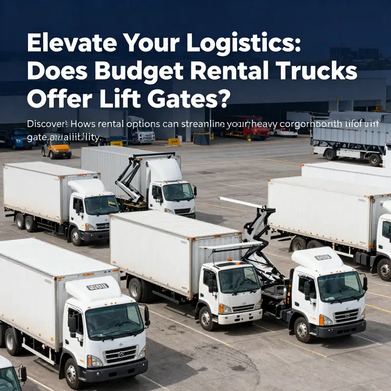A collage of Budget rental trucks at a logistics site, highlighting their lift gates and cargo handling capabilities.