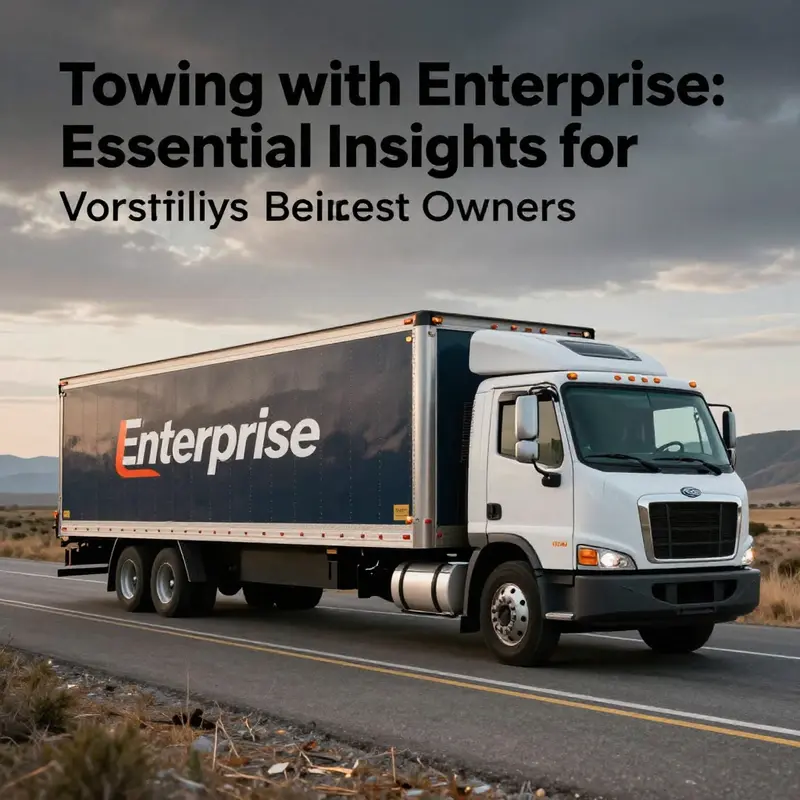 A rental truck from Enterprise towing a trailer down a scenic highway, symbolizing the utility of the rental service.