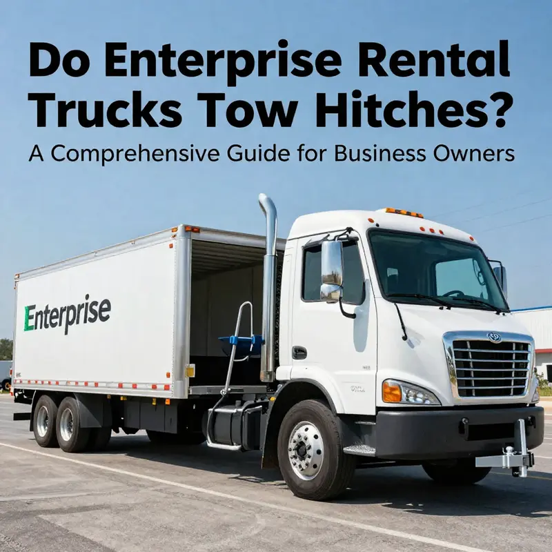 An Enterprise rental truck with a tow hitch hauling a trailer, showcasing its utility for transportation needs.