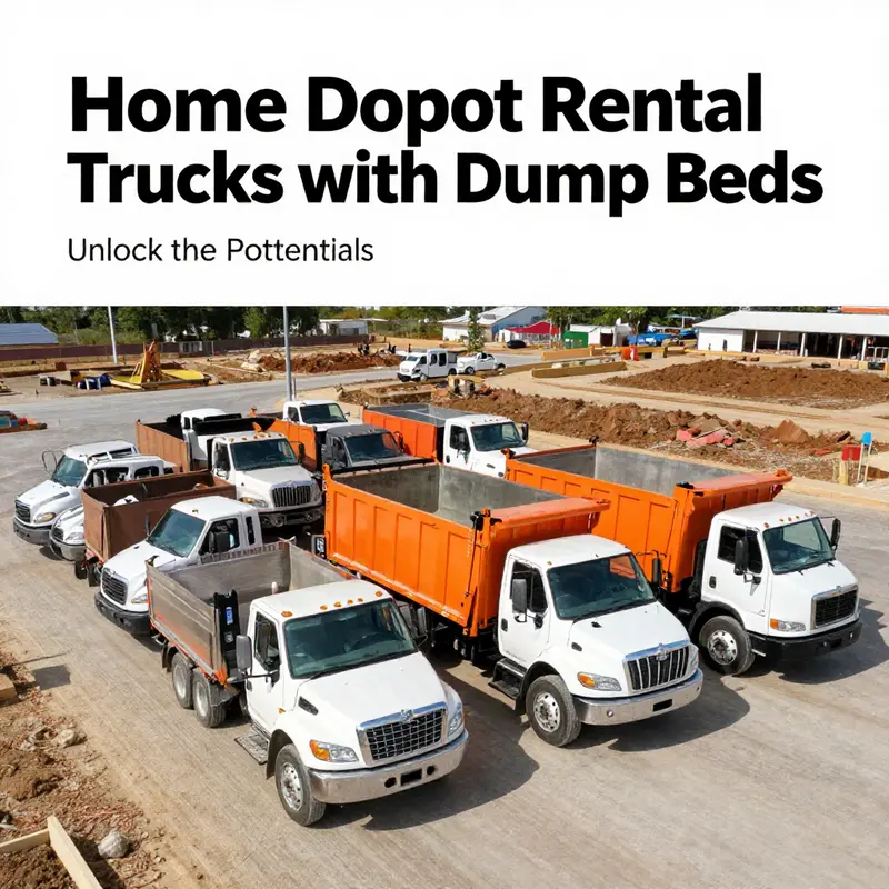 A fleet of Home Depot rental trucks equipped with dump beds ready for construction work.