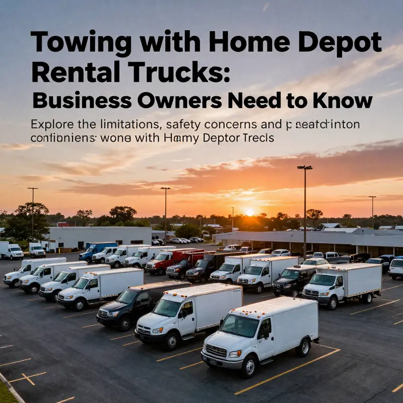 Wide shot of various Home Depot rental trucks in a parking lot against a beautiful sunset.