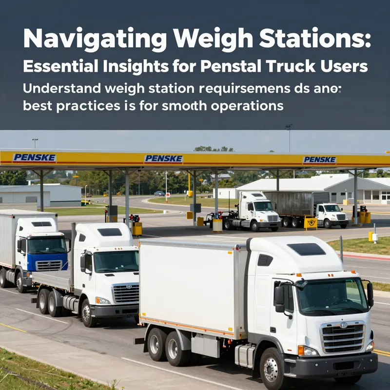 A dynamic image showing multiple Penske rental trucks on the road, emphasizing the importance of weigh station compliance.