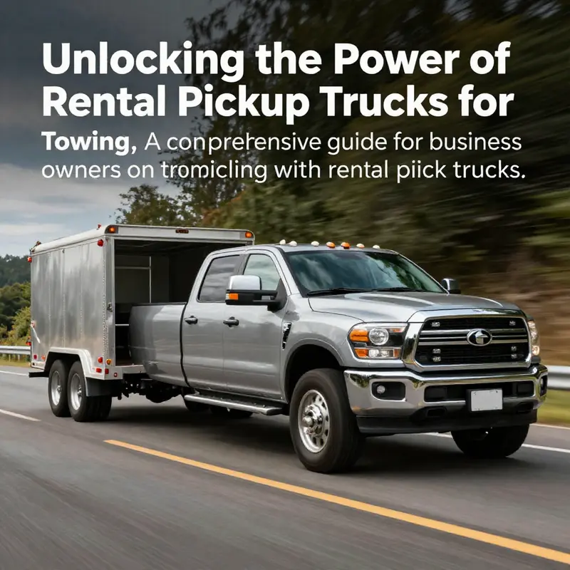 A rental pickup truck towing a large trailer on a highway, exemplifying the towing capability for business owners.