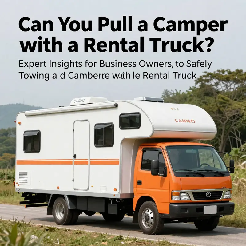 A scenic view of a rental truck towing a camper through a picturesque landscape, symbolizing mobile business opportunities.