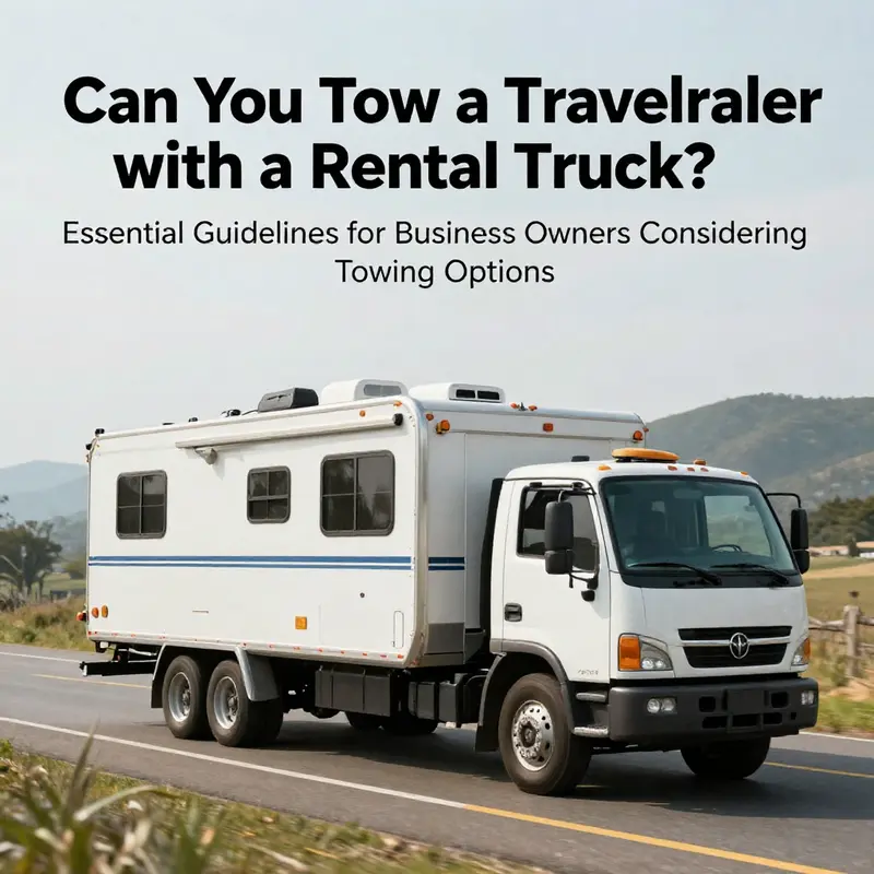 A rental truck towing a travel trailer along a picturesque highway, representing the potential for business transport.