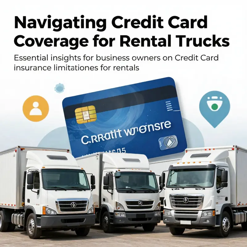 A lineup of diverse rental trucks positioned alongside credit cards, illustrating the relationship between truck rentals and credit card insurance.