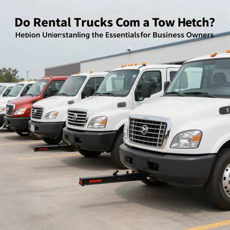 A selection of rental trucks with visible tow hitches stationed at a rental location, ready for customers.