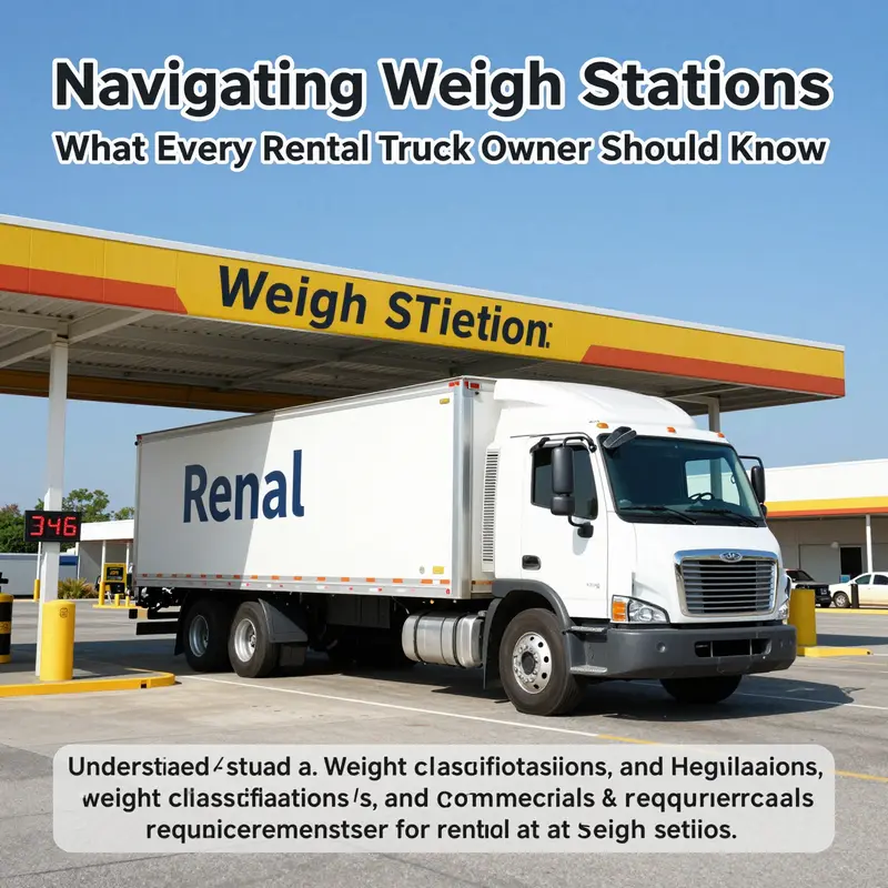 A rental truck parked at a weigh station, demonstrating the relevance of compliance in transportation.