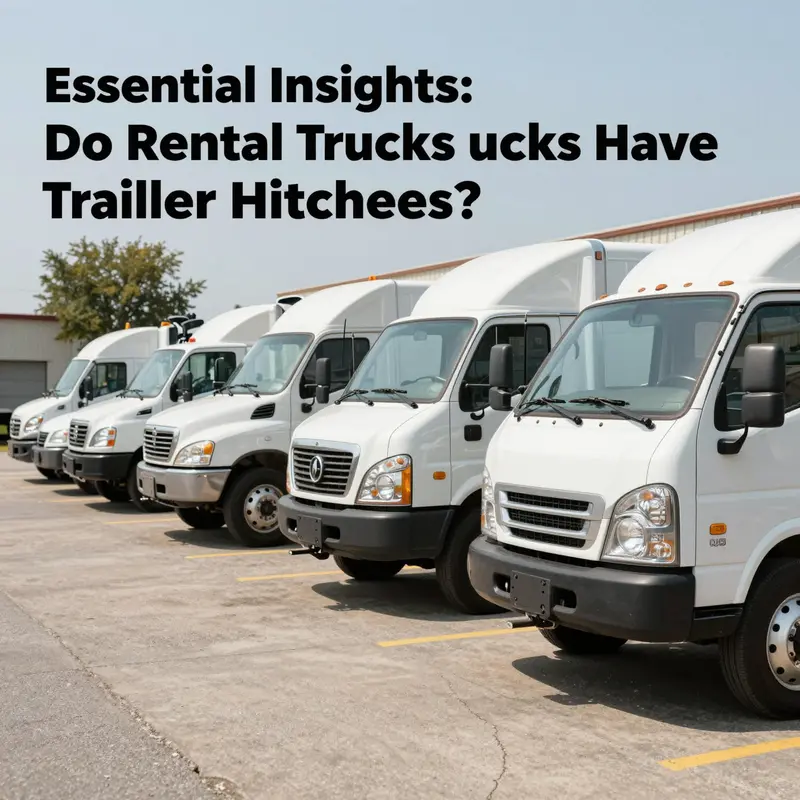 A collection of rental trucks displaying diverse towing options at a rental facility.