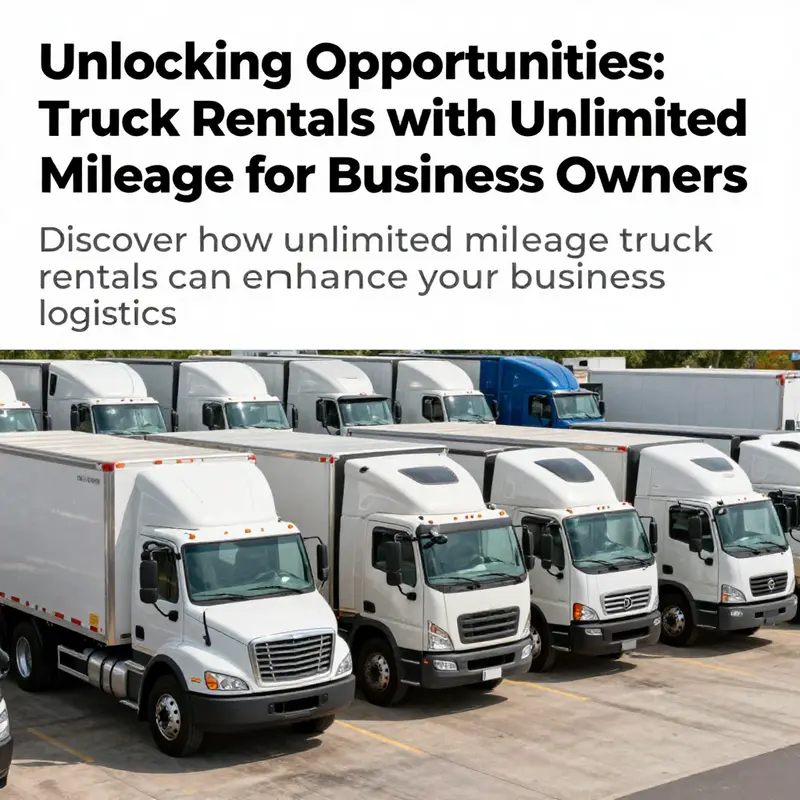 Trucks lined up at a rental facility, highlighting options for unlimited mileage for business owners.