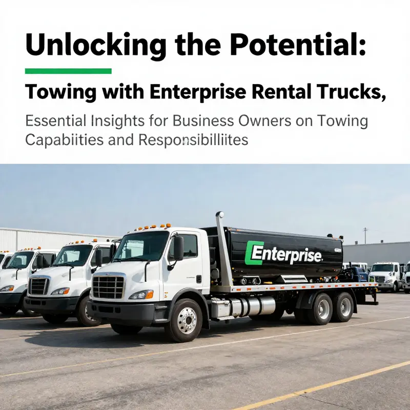 Several Enterprise rental trucks in a row, with focus on the one equipped for towing.