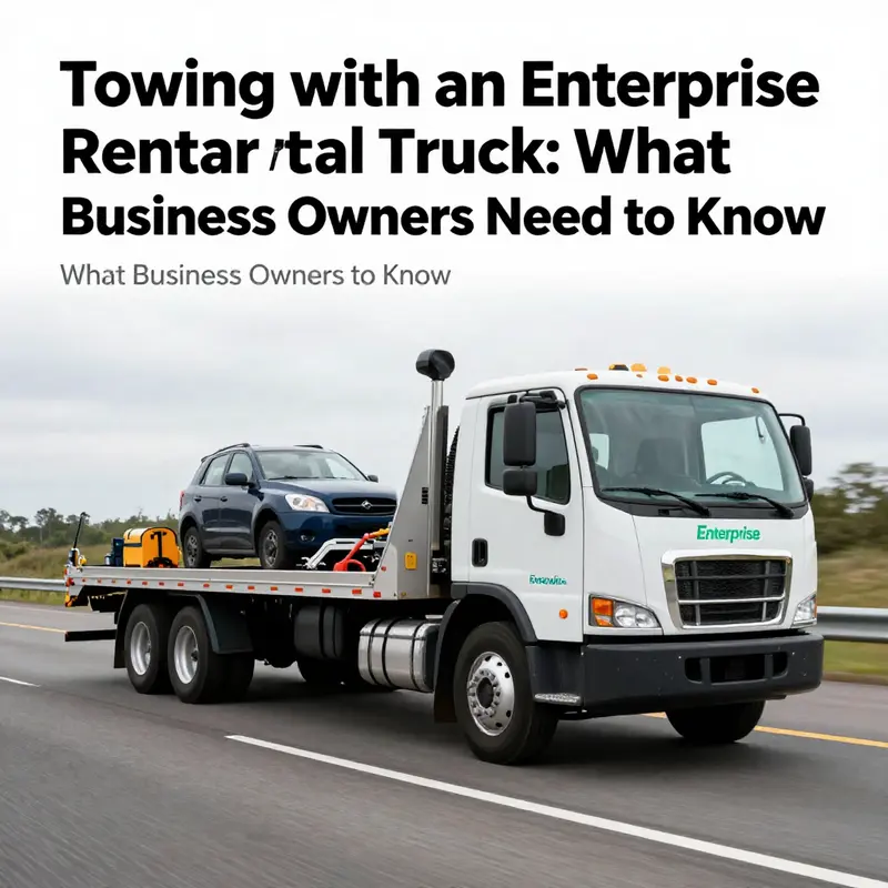 A rental truck from Enterprise on the road, demonstrating towing equipment and capabilities.