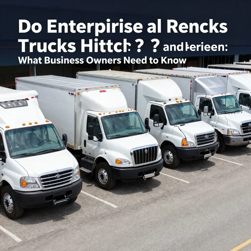 Diverse models of Enterprise rental trucks, with some clearly displaying hitches, ready for business use.