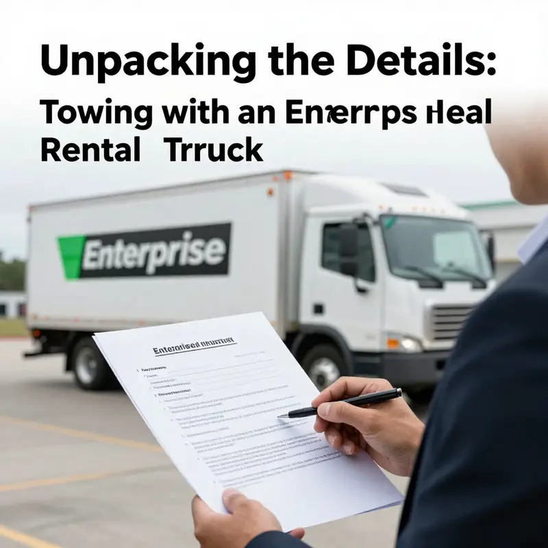 A business owner examines towing regulations with an Enterprise rental truck in the background.