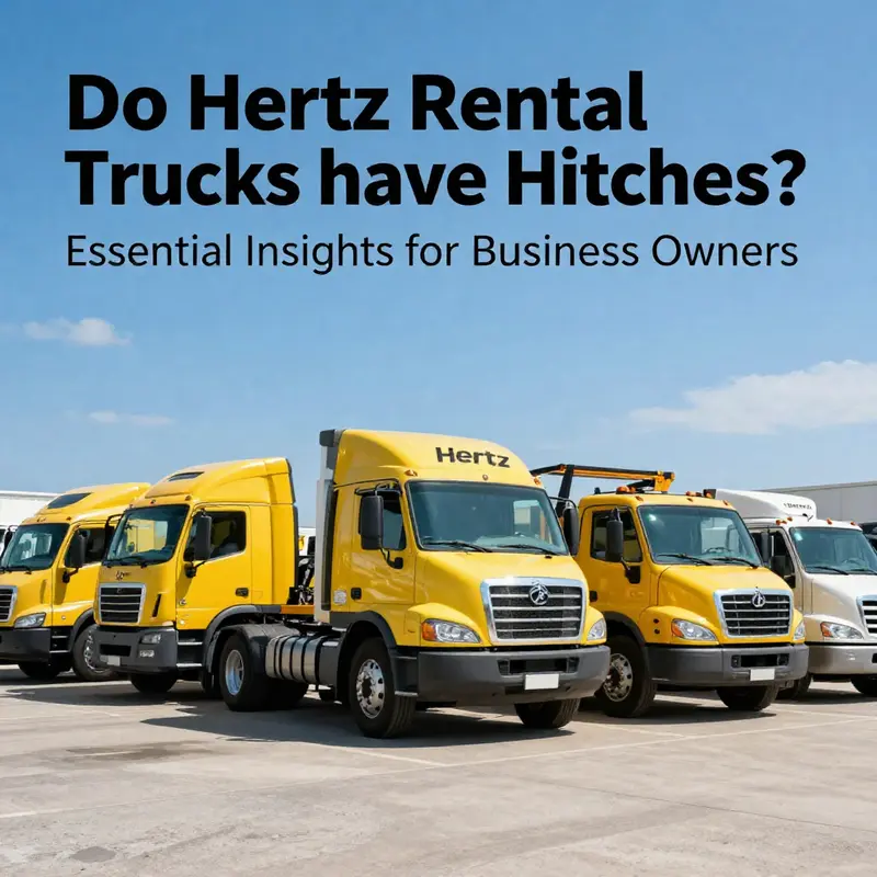 Multiple Hertz rental trucks parked in a row, showcasing the diversity and readiness for rental without tow hitches.