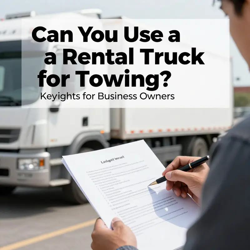 A rental truck demonstrating its towing capacity as it pulls a large trailer.