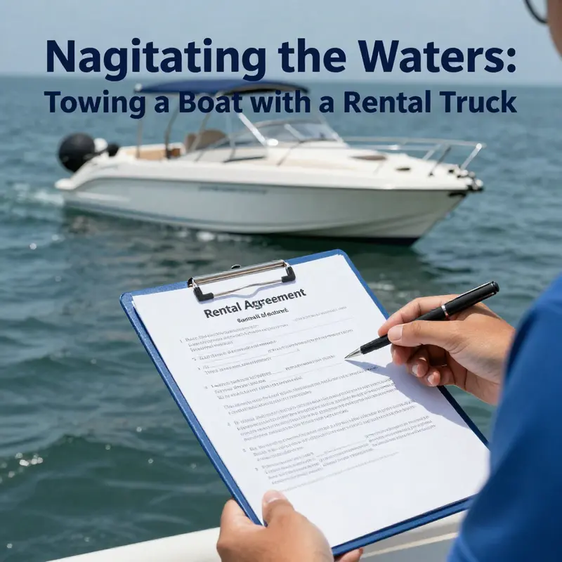 A heavy-duty rental truck confidently towing a boat trailer, illustrating the importance of truck capacity.