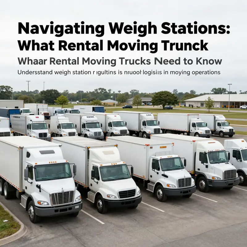 A variety of rental moving trucks in a loading area, symbolizing moving logistics.