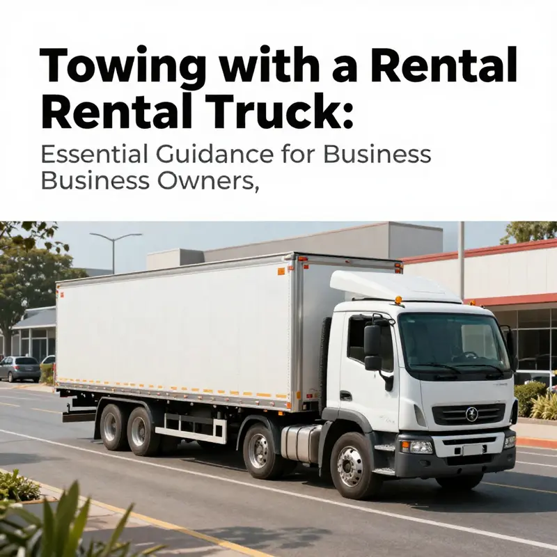 A rental truck maneuvering through a business district while towing a trailer.