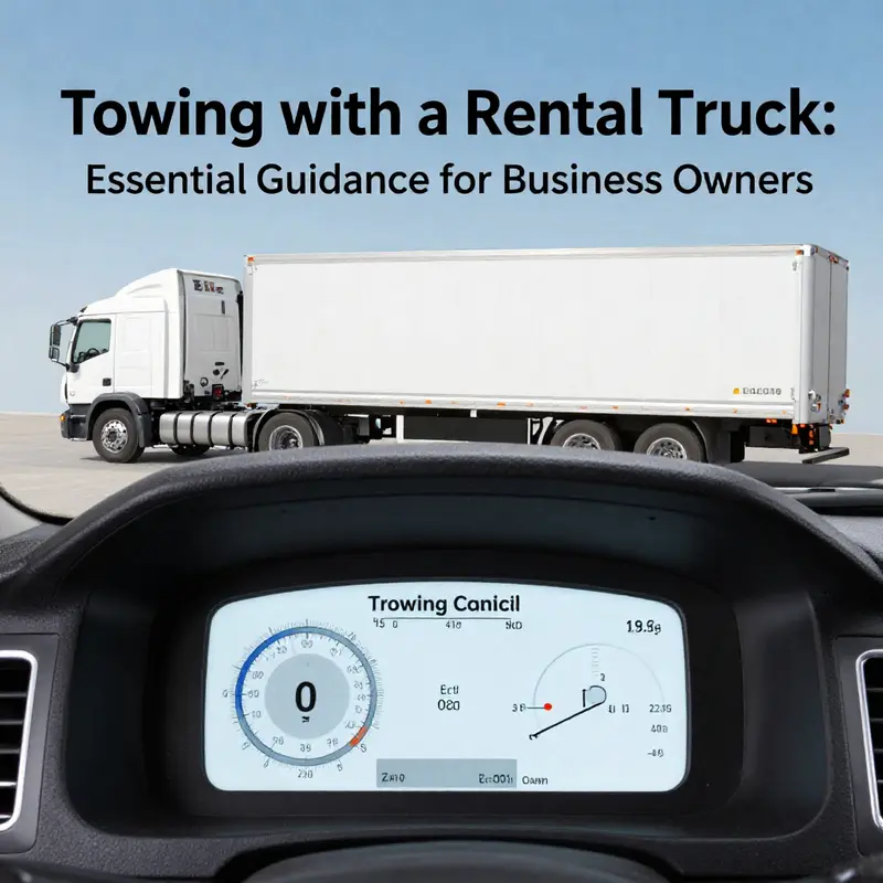 A business owner checks rental terms on towing while standing next to a rental truck.