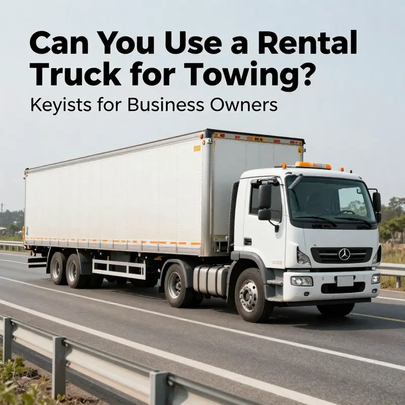 A rental truck demonstrating its towing capacity as it pulls a large trailer.