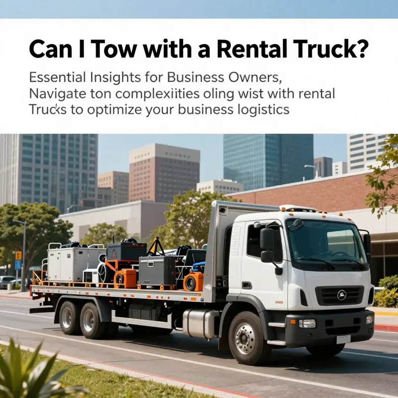A rental truck towing a trailer loaded with business equipment in an urban setting.
