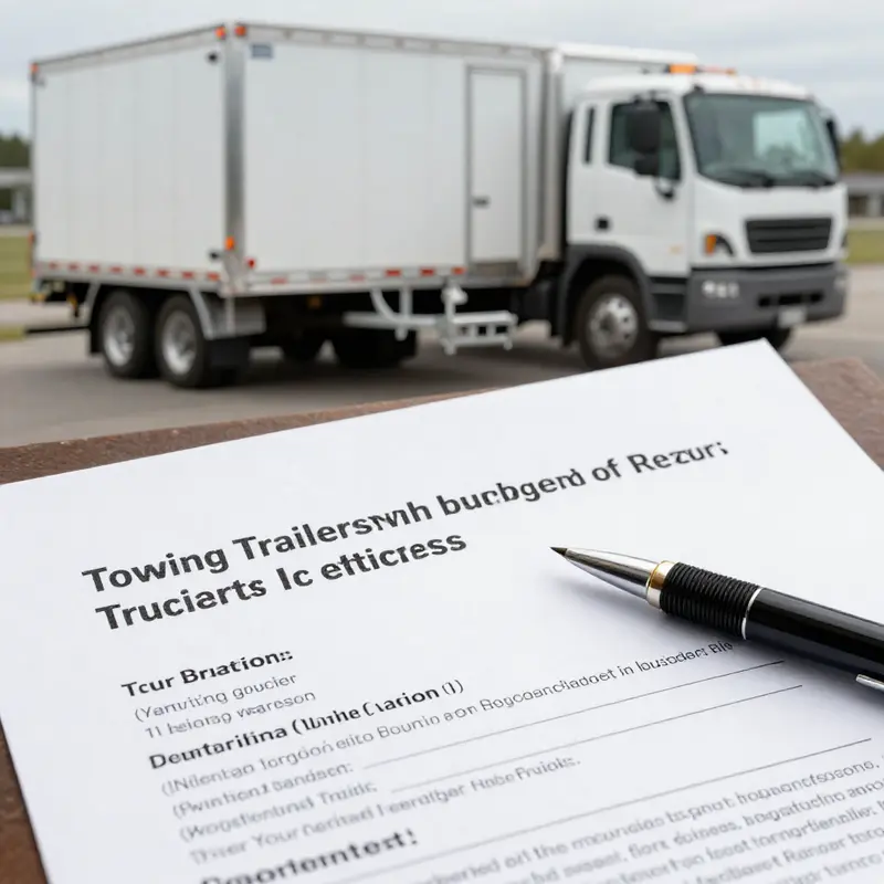 A budget rental truck demonstrating its capacity for towing with a carefully matched trailer.