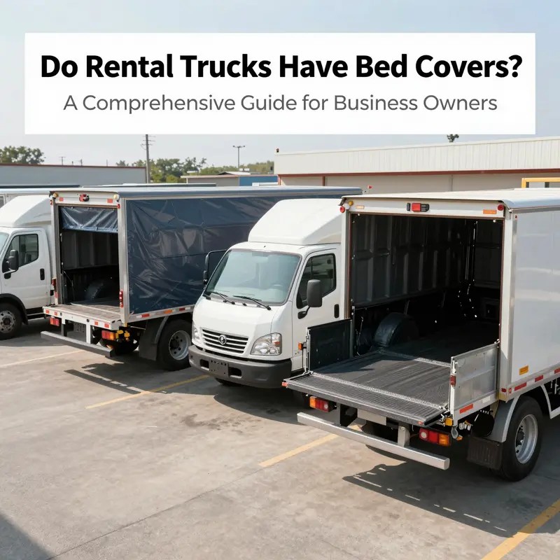 A rental yard featuring multiple trucks, some with bed covers, showing the choices available for renters.