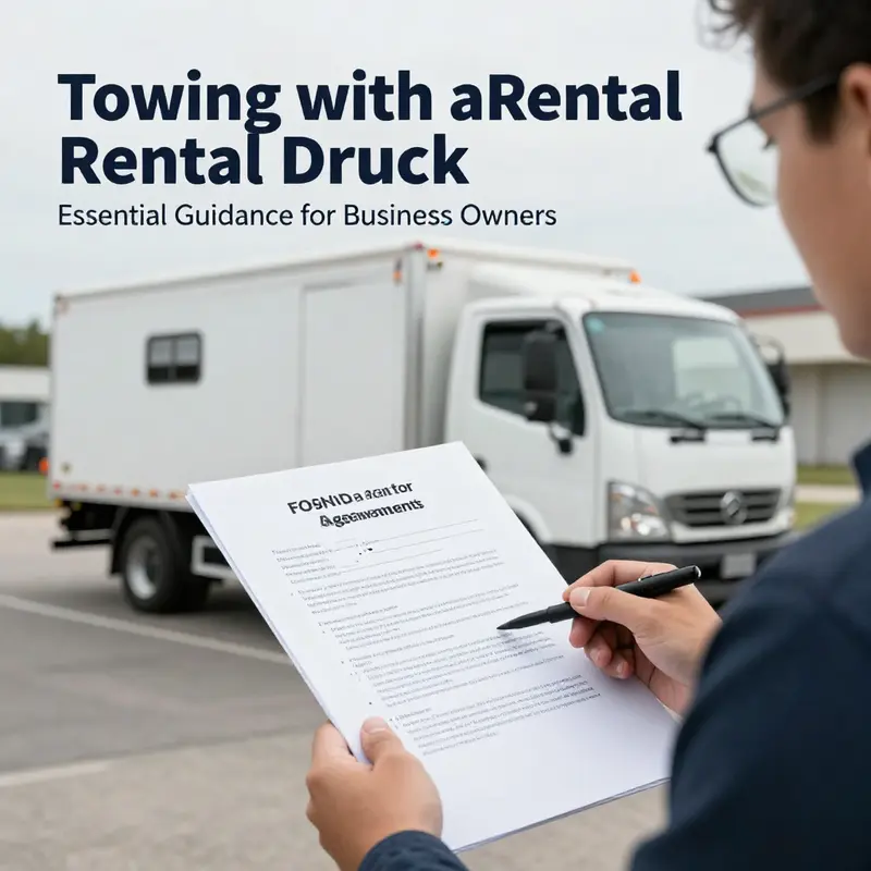 A business owner checks rental terms on towing while standing next to a rental truck.