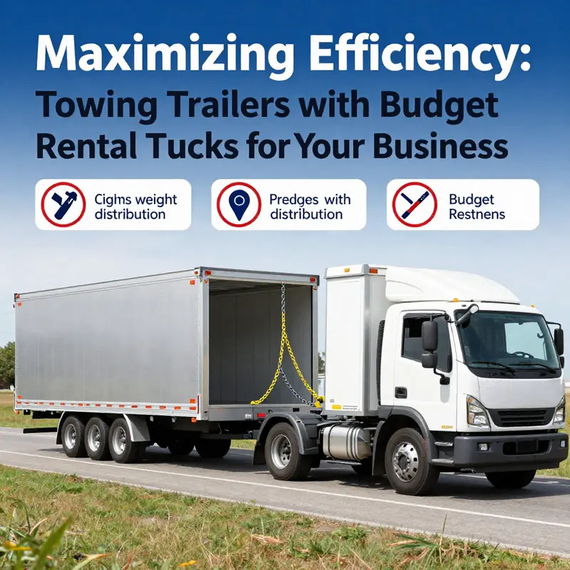 A budget rental truck demonstrating its capacity for towing with a carefully matched trailer.