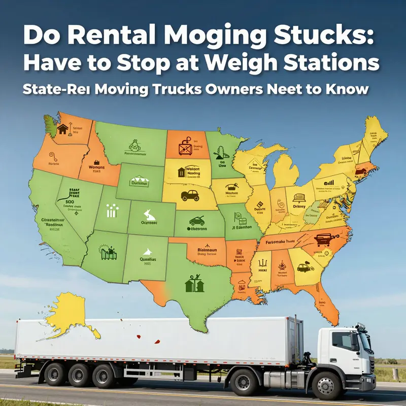 A rental moving truck approaches a weigh station for inspection.