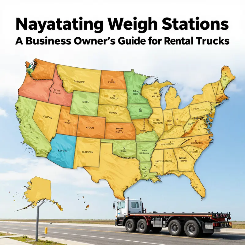 Different rental trucks queued at a weigh station for essential weight compliance checks.