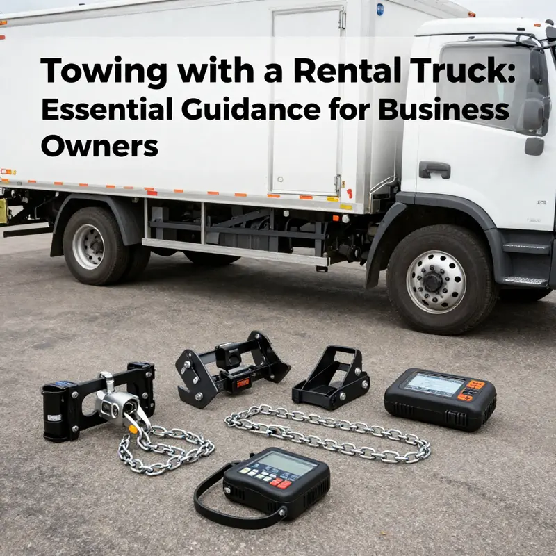 A business owner checks rental terms on towing while standing next to a rental truck.